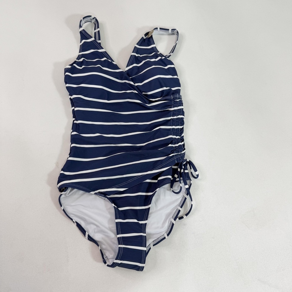 Nip Tuck Swim Swimsuit Womens 4 Navy Stripeโ One Piece Ruched Tummy Control NWT